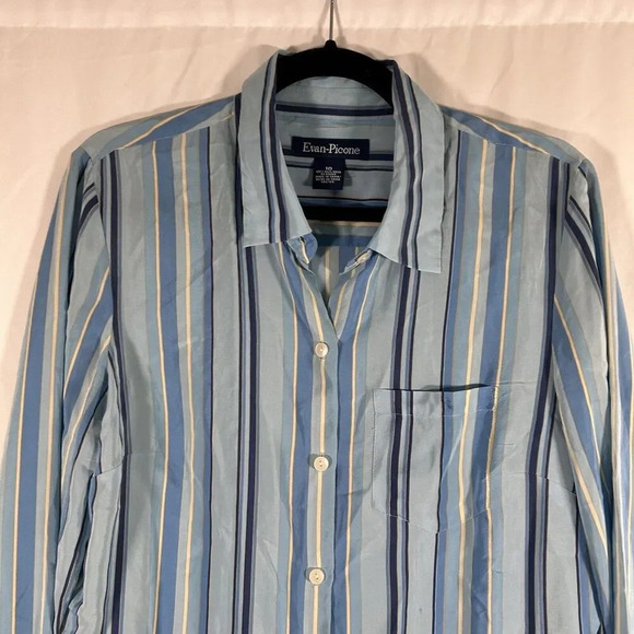 Evan Picone Silk Shirt Women's 10 Blue Striped Button Up Long Sleeve Pocket - Picture 2 of 11